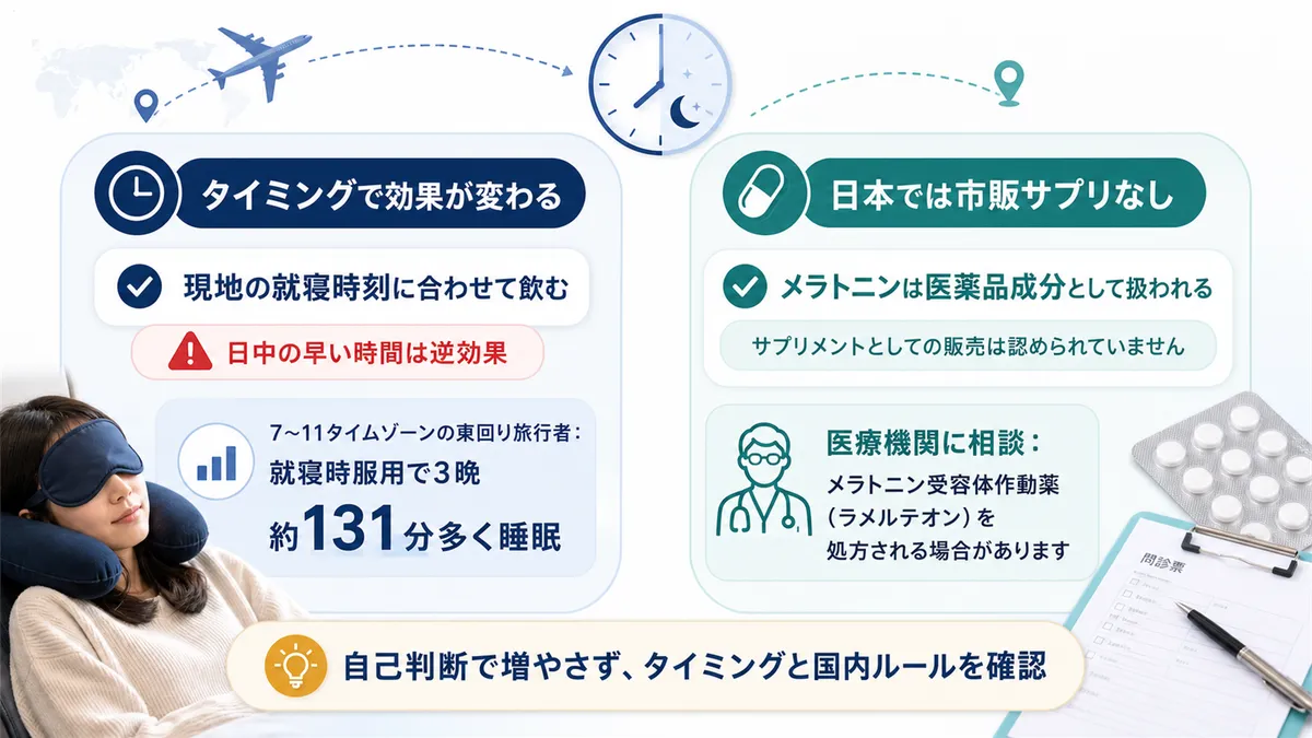 メラトニンは飲むタイミングが効果を左右すること、日本ではメラトニンサプリは市販されていないことを紹介します。