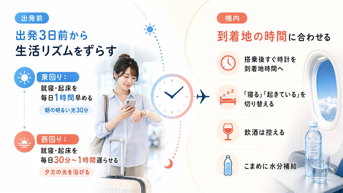 出発3日前から1日1時間ずつ生活リズムをずらす方法と、機内では到着地の時間に合わせて行動する方法を紹介します。