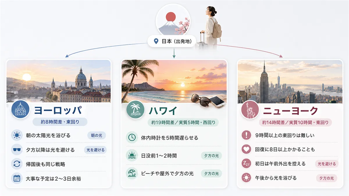 日本からヨーロッパ、ハワイ、ニューヨークそれぞれの時差と方角による対策の違いを具体的に整理します。（ヨーロッパ：約8時間・東回り→朝の光を浴び夕方以降は光を避ける。ハワイ：実質5時間・西回り→夕方の光を積極的に浴びて体内時計を遅らせる。ニューヨーク：実質10時間・東回り→朝の光で体内時計を前進・回復に8日以上かかることも）