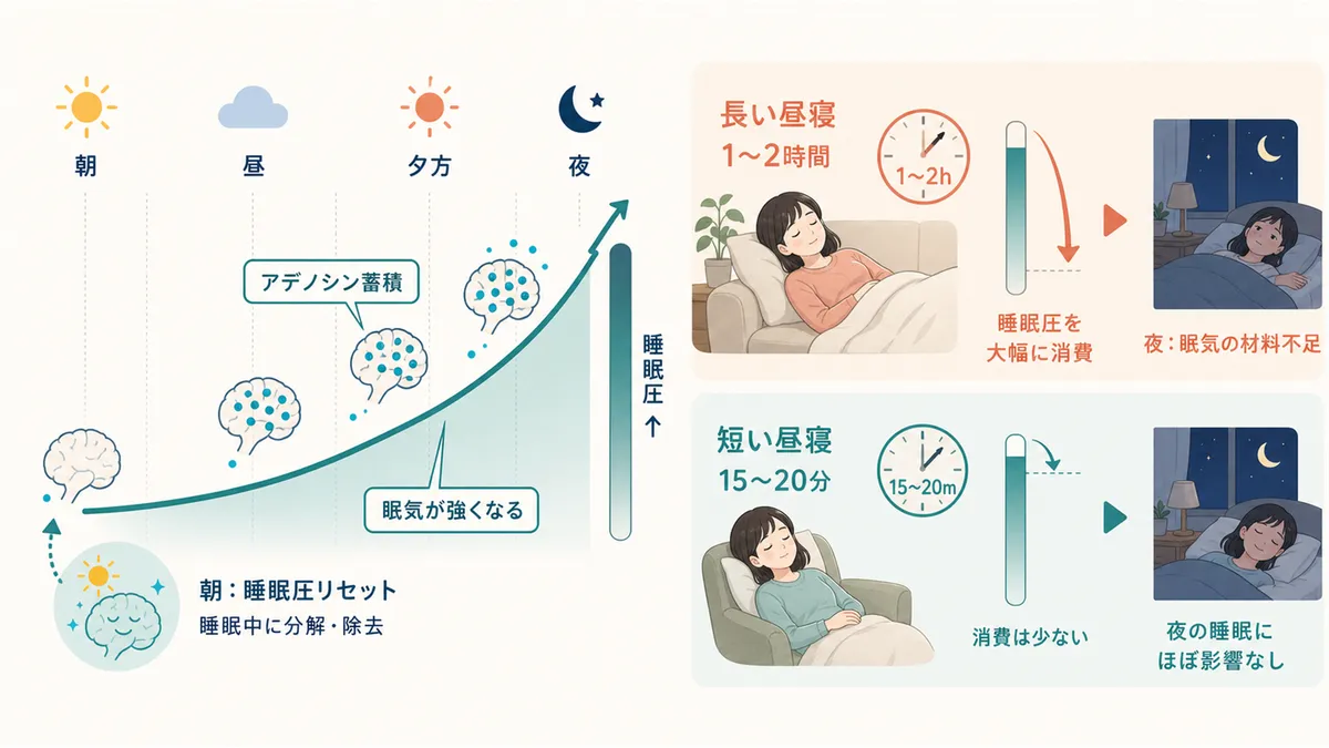 アデノシンが作る「眠気の借金」の仕組みと、昼寝で睡眠圧が消費されると夜に眠気が足りなくなることを解説します。