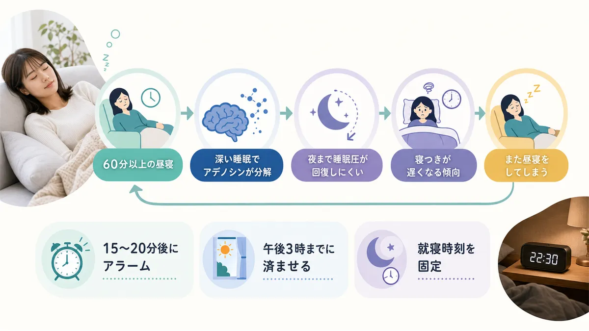 60分以上の昼寝が夜の寝つきを悪くする理由と、昼寝と夜の睡眠の悪循環を断つ3つのステップを紹介します。