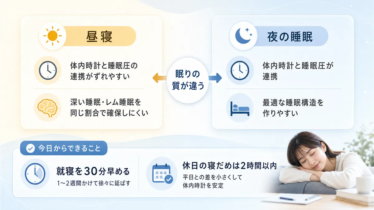 昼寝と夜の睡眠では眠りの質が違うこと、睡眠負債を減らすために今日からできることを紹介します。