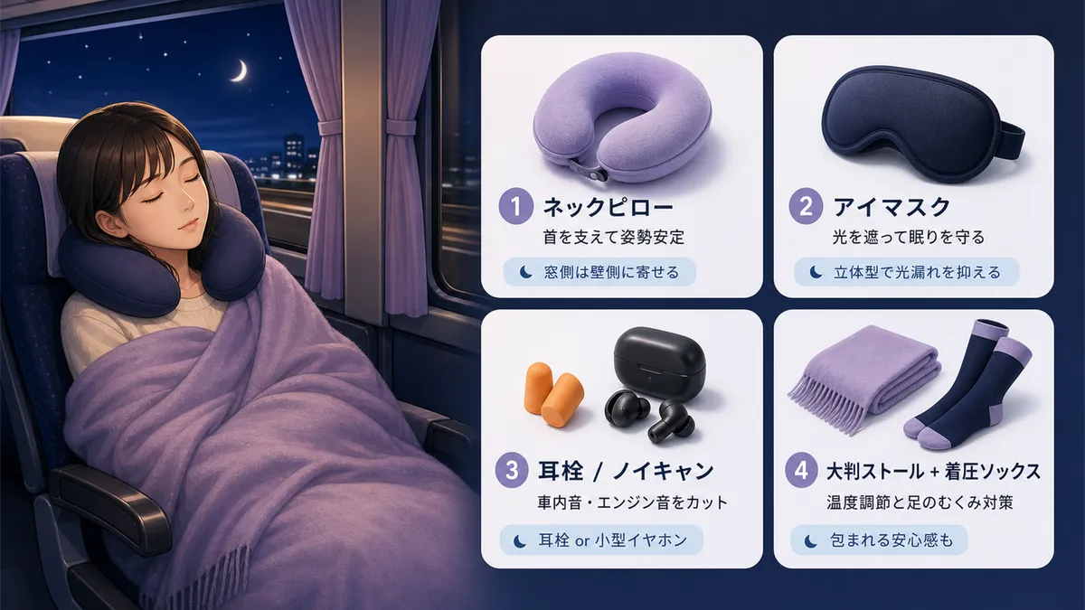 ネックピローで首の安定を確保する方法、アイマスクで光を遮りメラトニン分泌を守る方法、耳栓やノイキャンイヤホン、大判ストールと着圧ソックスを紹介します。