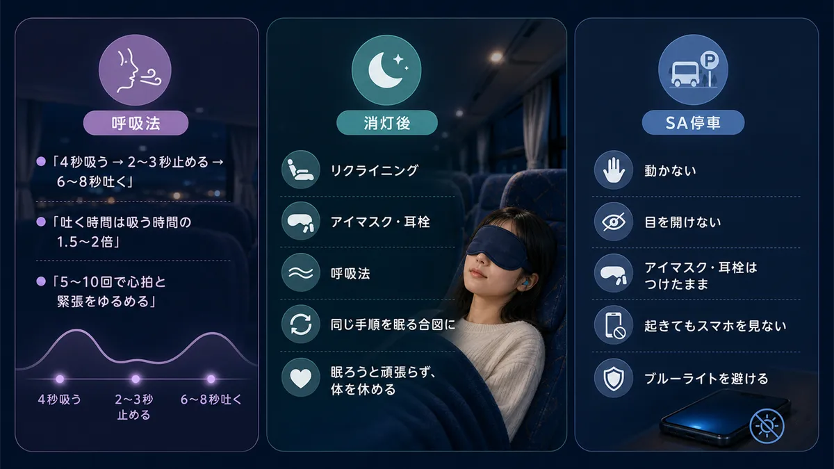 ゆっくり長く吐く呼吸法で副交感神経を優位にする方法、消灯後のルーティン、SA停車時の覚醒を最小限にするコツを紹介します。