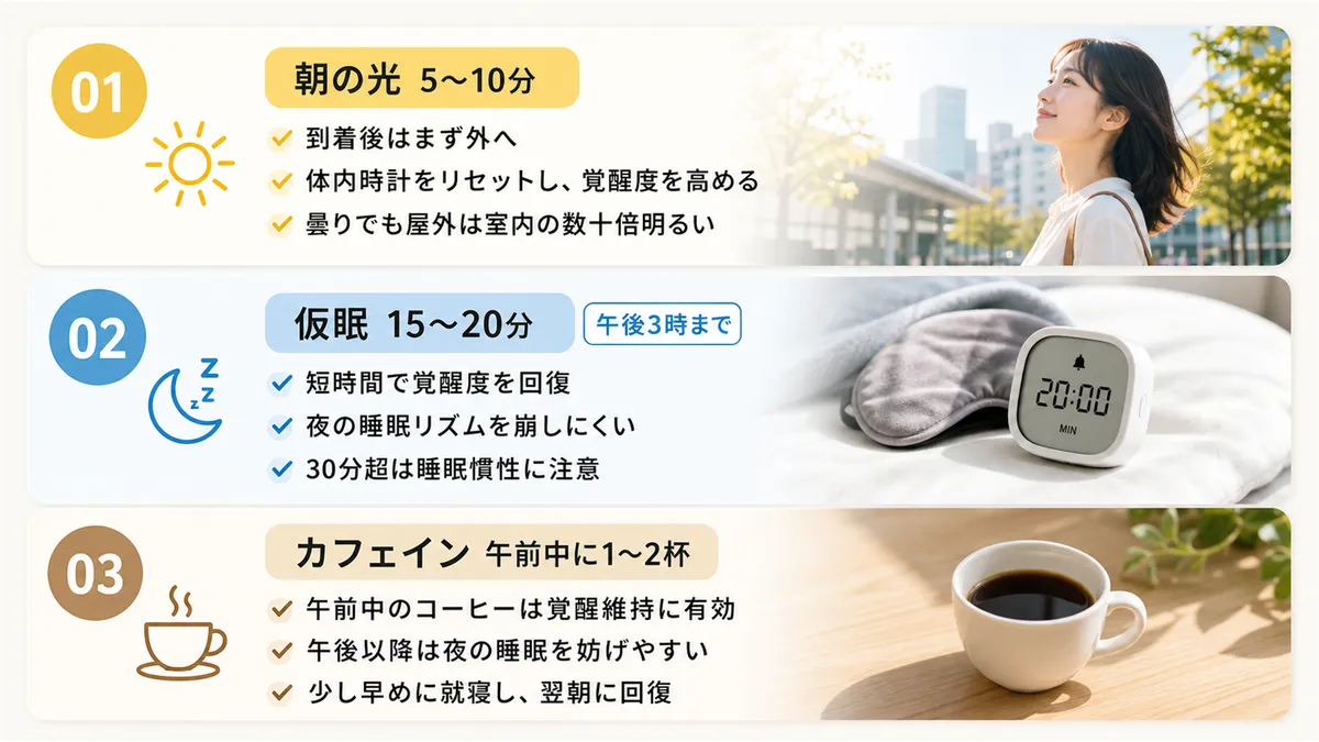 到着したらまず朝の光を浴びること、午後3時までに15〜20分の仮眠を取ること、カフェインの戦略的な使い方を紹介します。