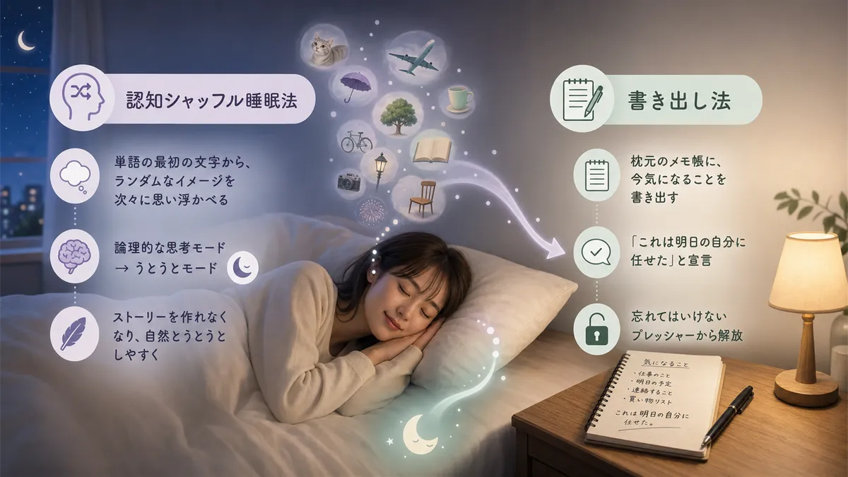 認知シャッフル睡眠法の具体的なやり方と、書き出し法で頭の外に「預ける」方法を紹介します。
