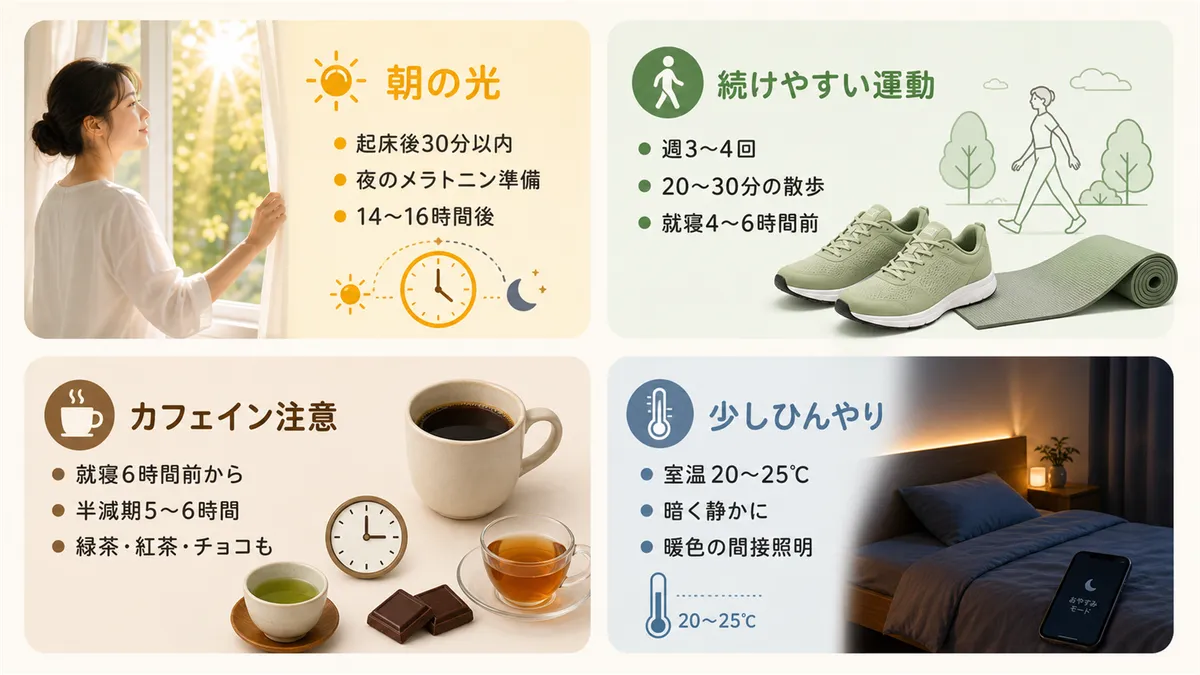 朝の光でメラトニン分泌を準備すること、続けやすい運動が最良であること、カフェインの注意時間、寝室は少しひんやりが眠りやすいことを紹介します。