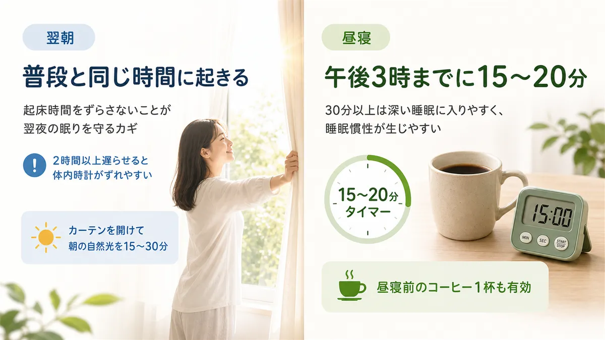 翌朝は普段と同じ時間に起き朝の光を浴びること、昼寝は午後3時までに15〜20分がベストであることを紹介します。