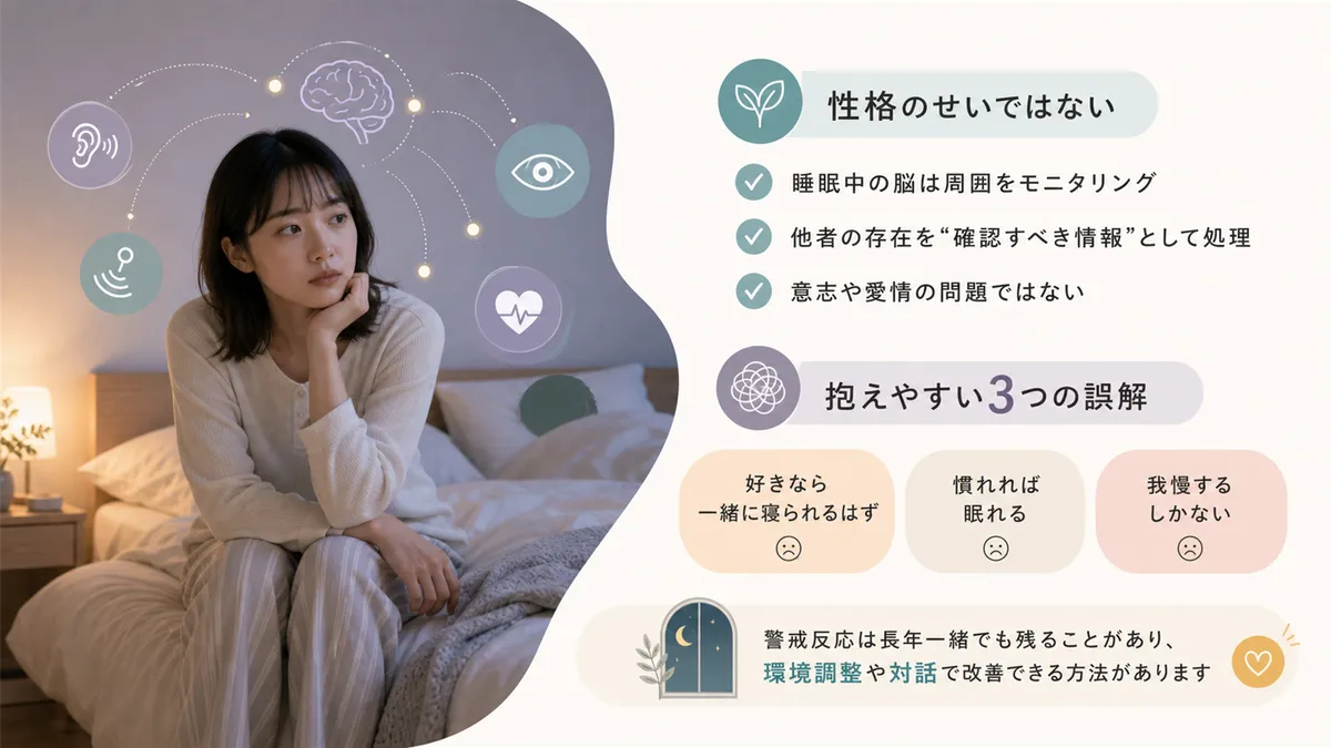 「一緒に寝るのが苦手」は性格のせいではないこと、同床で眠れない人が抱えやすい3つの誤解を解説します。