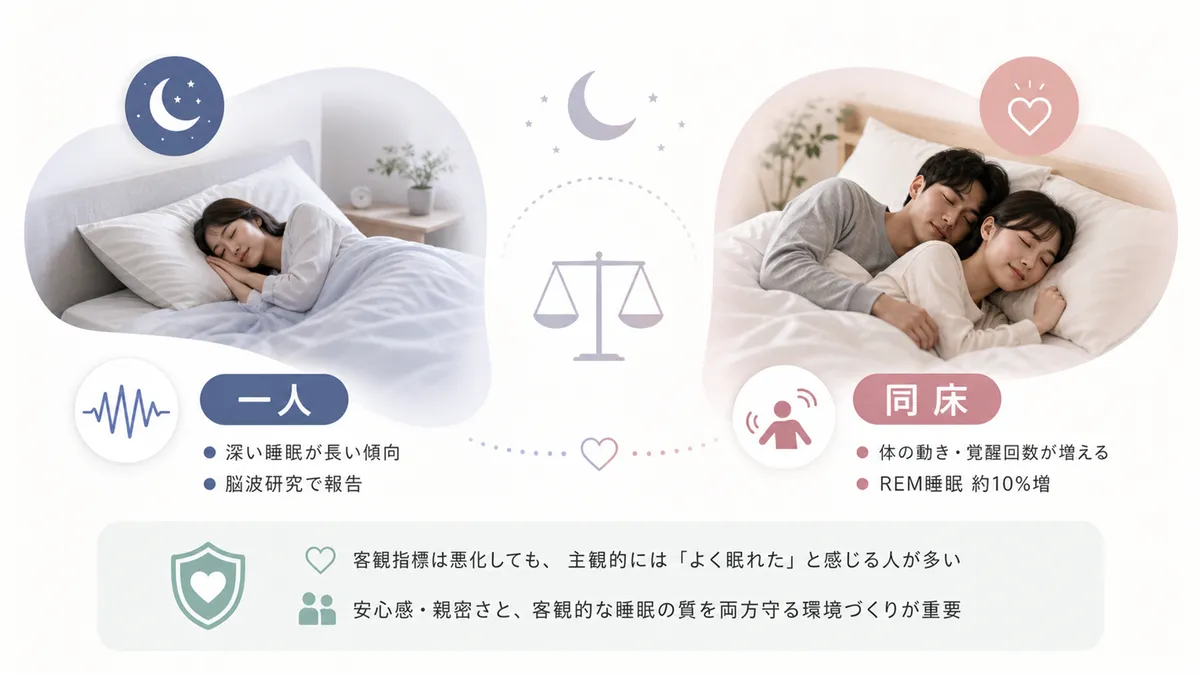 客観データが示す「一人のほうが深く眠れる」事実と、一緒に寝ると安心するのに眠れないジレンマを紹介します。
