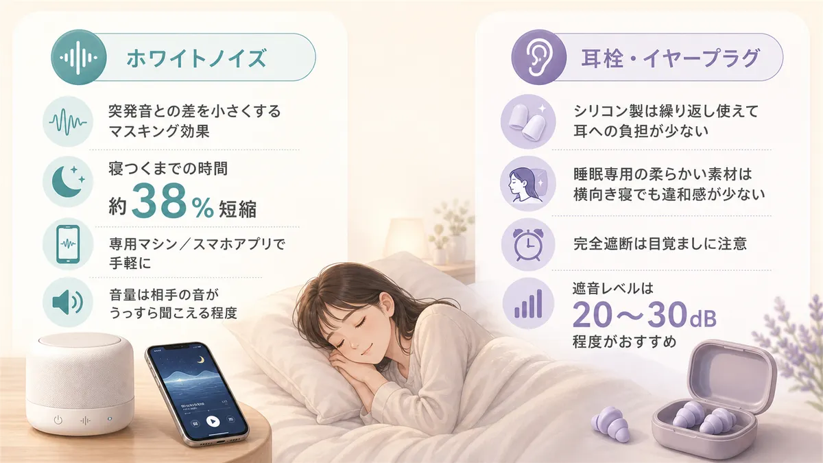 ホワイトノイズが入眠を助ける科学的な根拠と、耳栓・イヤープラグの選び方と注意点を紹介します。