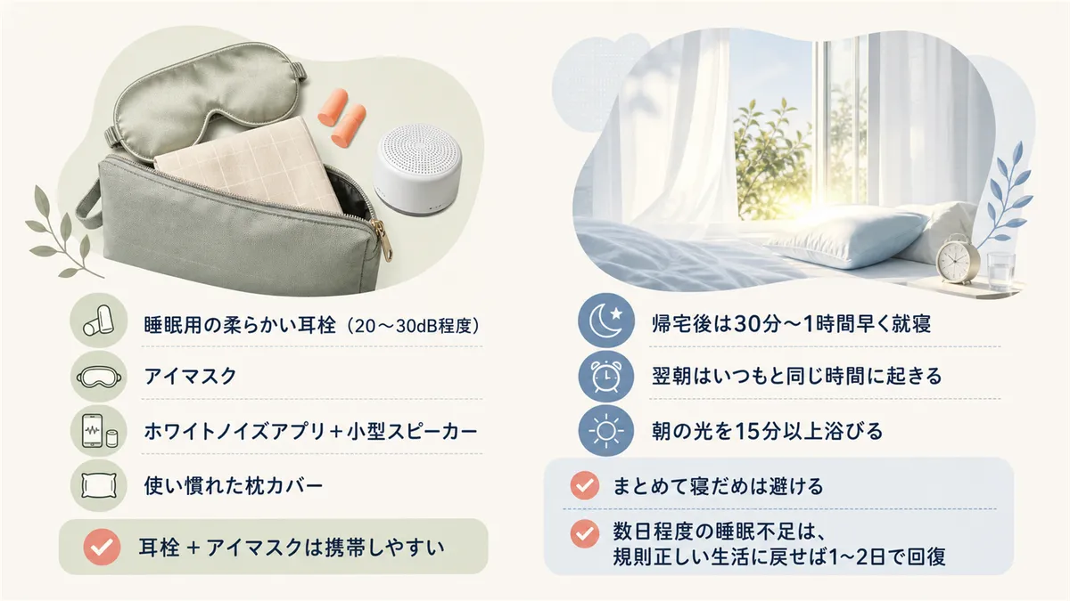 持っていくと安心な睡眠対策グッズと、数日間の睡眠不足を最小限にするコツを紹介します。