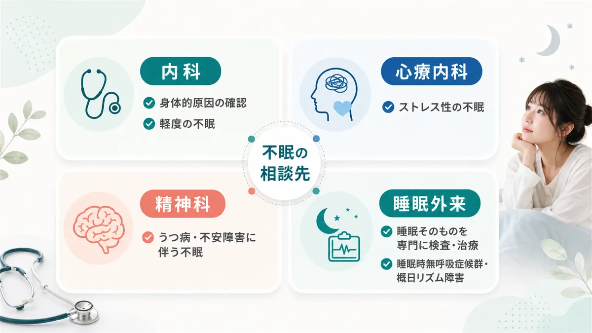 内科・心療内科・精神科・睡眠外来の4つの診療科の役割と得意分野を整理します。