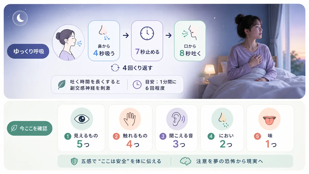ゆっくり呼吸で交感神経を鎮める具体手順と、五感を使って「今ここ」を確認するグラウンディングの方法を紹介します。
