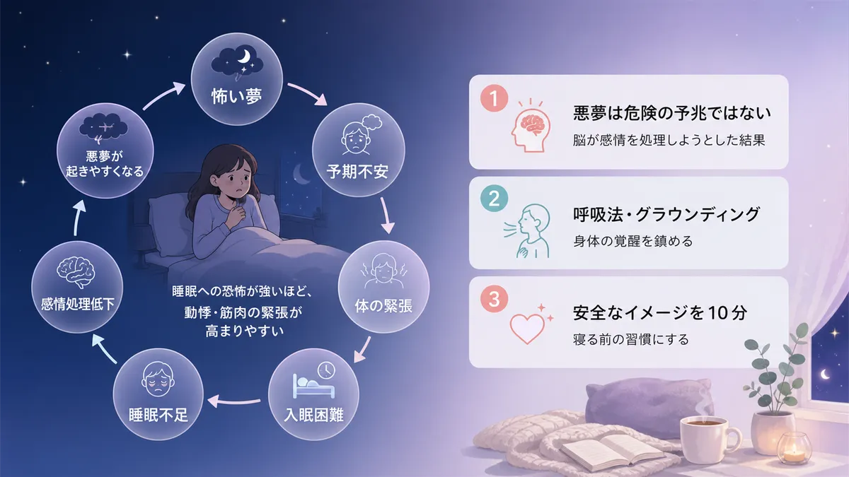 悪夢から始まる覚醒と不安の悪循環と、悪循環を断ち切る3つのポイントを紹介します。