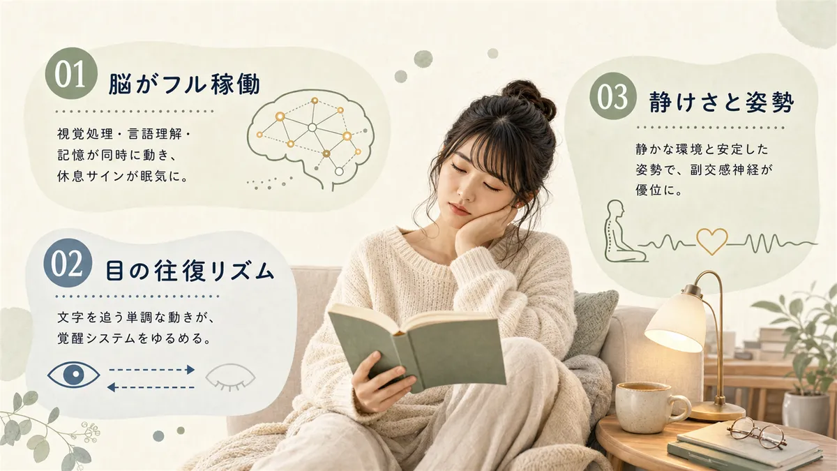 文字を読むだけで脳がフル稼働していること、目の「行ったり来たり」がリラックスモードに導くこと、静かな環境と安定した姿勢が覚醒度を下げることを解説します。