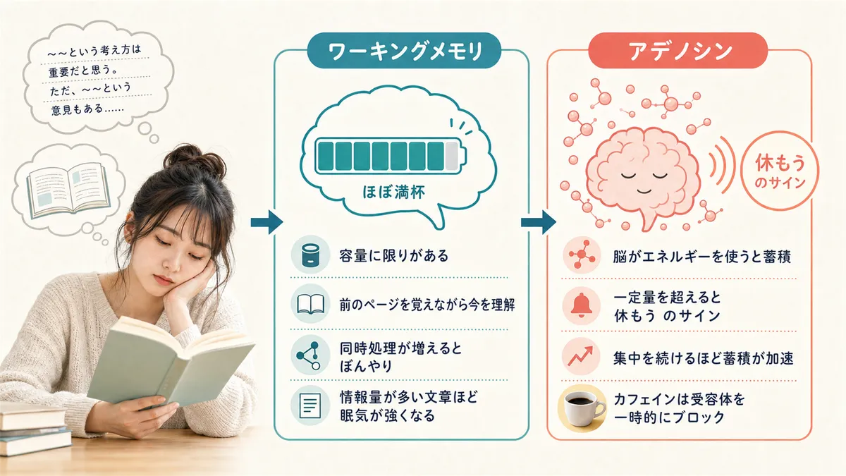 ワーキングメモリは容量に限りがあること、アデノシンが「そろそろ休もう」のサインを出す仕組みを解説します。