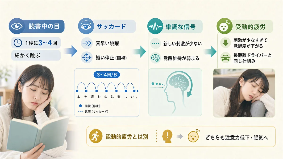 読書中の目は1秒間に3〜4回の細かい跳びをすること、単調な繰り返しが受動的疲労を引き起こすことを解説します。