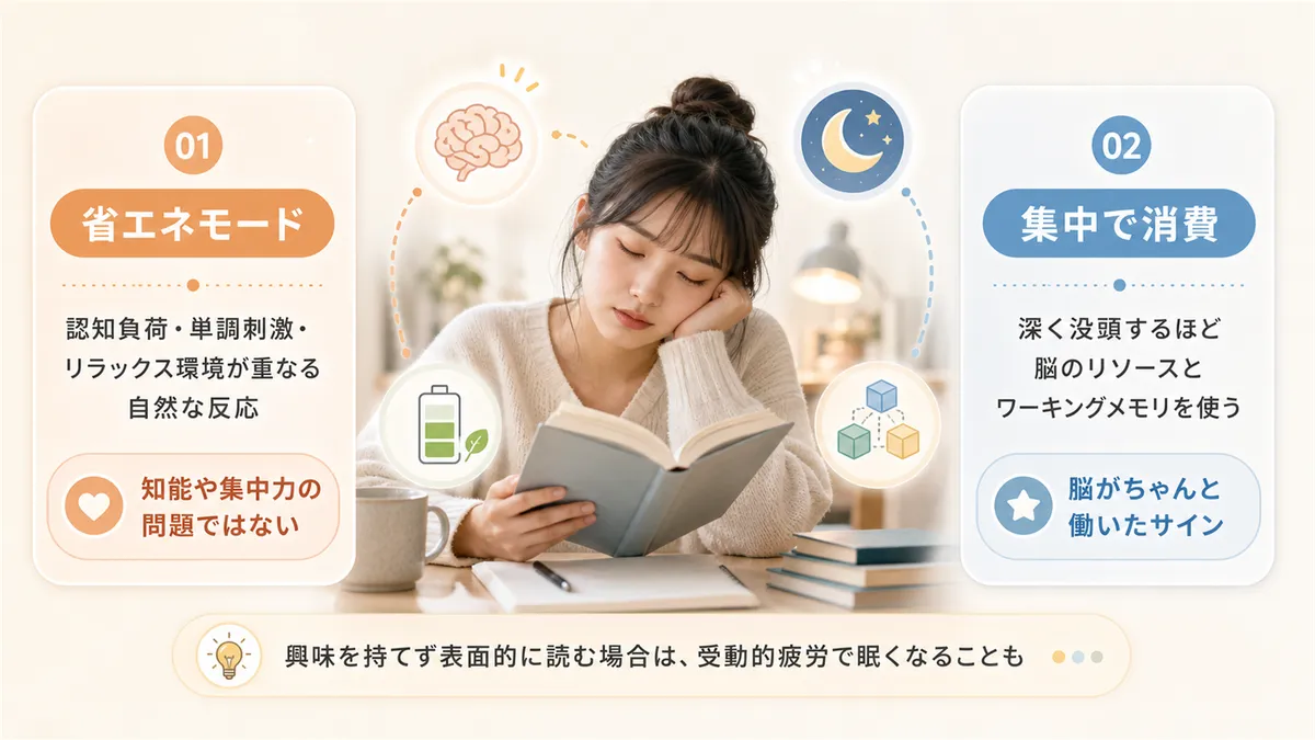 眠気は脳の省エネモードへの切り替えサインであること、集中できる人ほどエネルギーを使い切って眠くなることもあることを解説します。