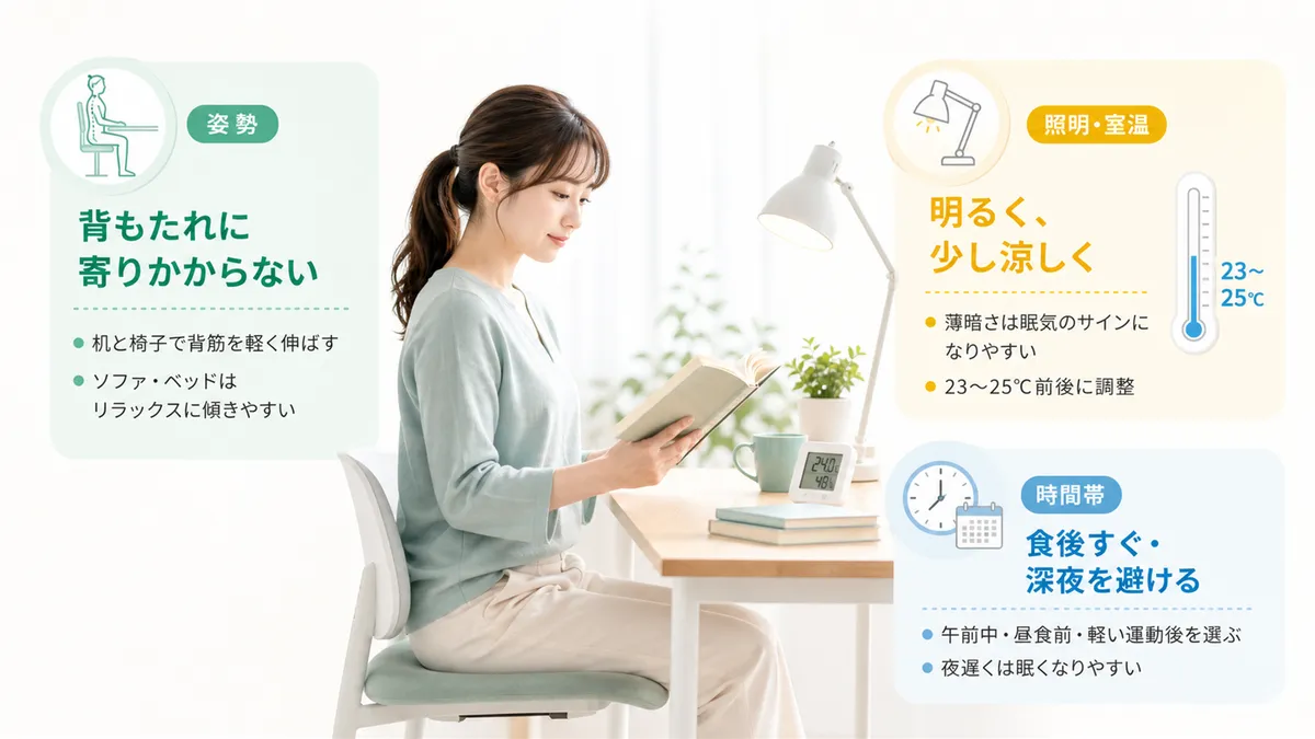 背もたれに寄りかからない姿勢、明るい照明と涼しい室温、食後すぐと深夜を避ける時間帯の工夫を紹介します。