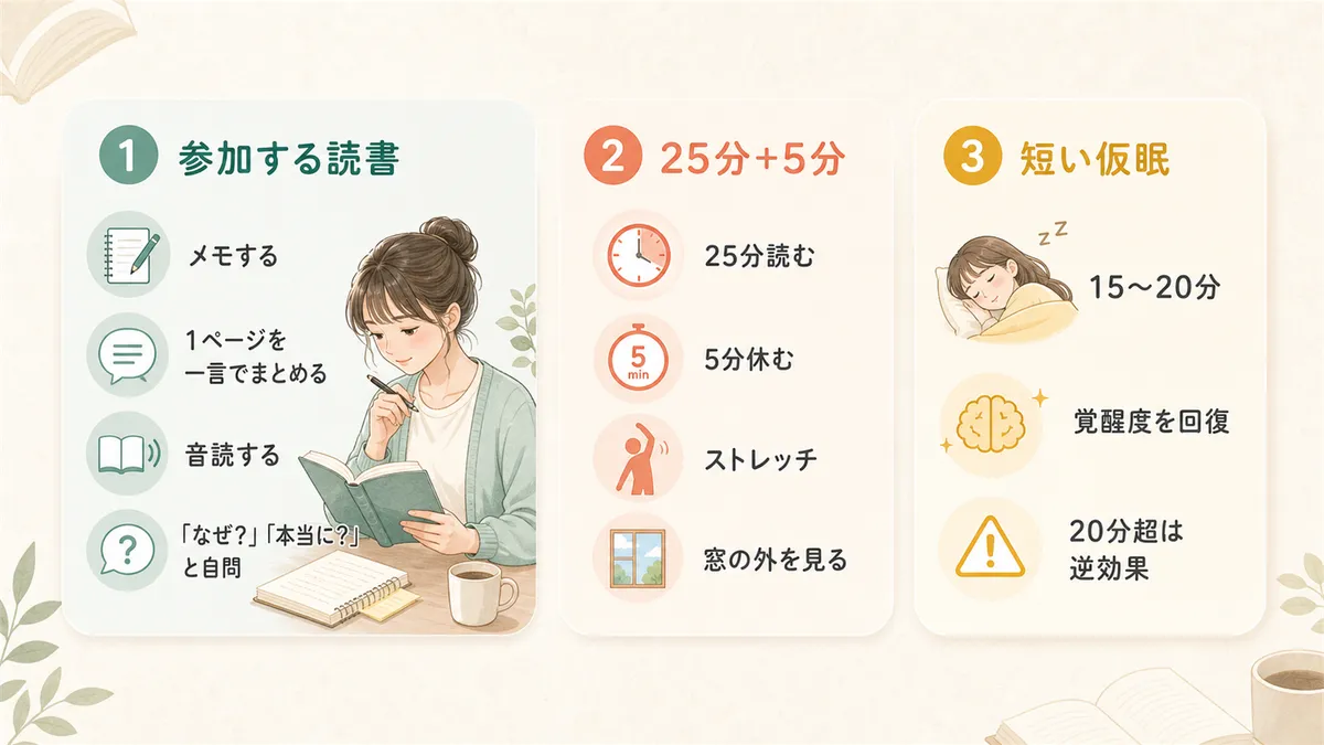 受け身の読書から参加する読書への切り替え、25分読書＋5分休憩のリズム、短い仮眠で読書効率を回復させる方法を紹介します。