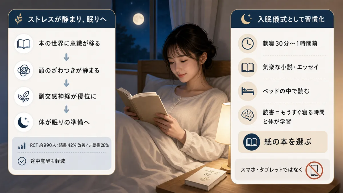 読書がストレスを和らげて入眠を助けることと、入眠儀式として読書を習慣化するコツを紹介します。