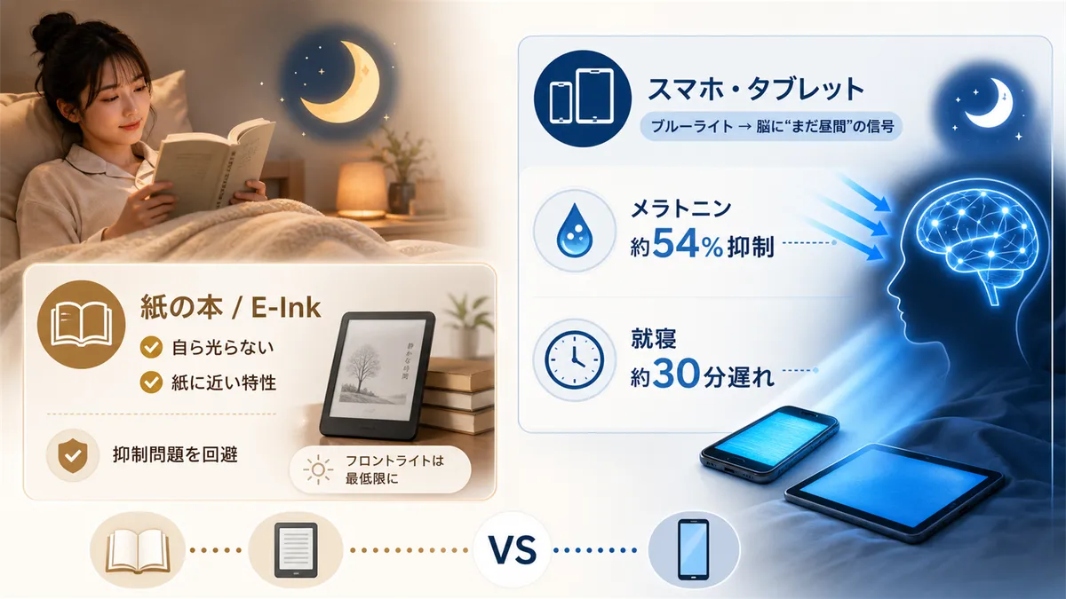 自発光デバイスがメラトニンの分泌を抑制すること、E-Inkリーダーは紙の本に近い効果が期待できることを解説します。