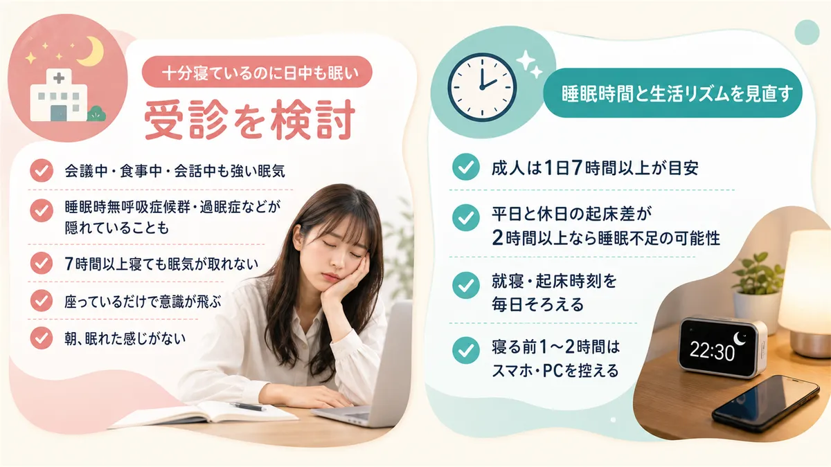 十分寝ているのに日中も眠い場合は受診のサインであること、まず見直したい睡眠時間と生活リズムを紹介します。