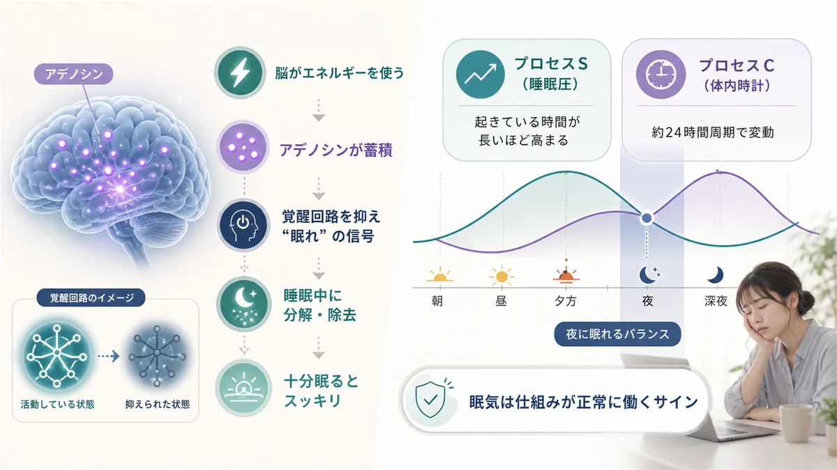 脳の疲労物質アデノシンがたまると眠くなること、体内時計と睡眠圧の二つの仕組みが眠気を決めることを解説します。