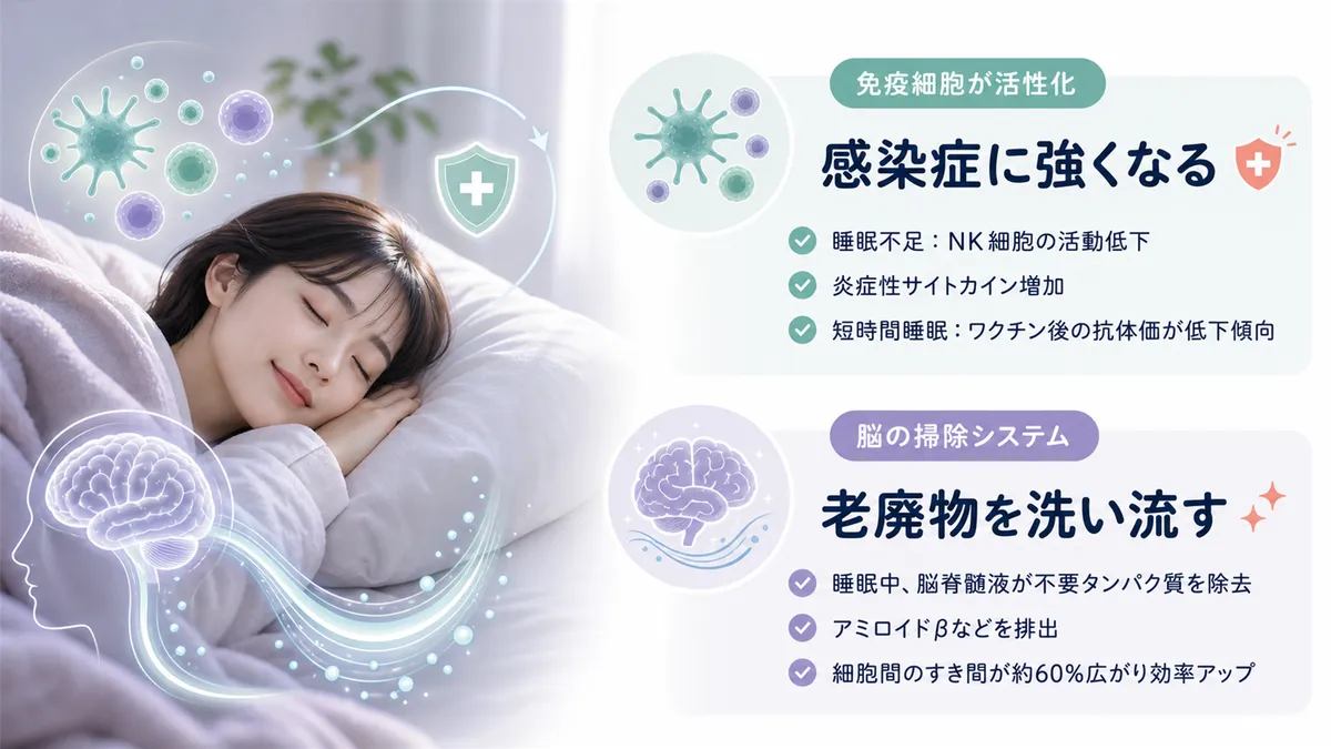 免疫細胞が活性化し感染症に強くなること、脳の掃除システムが老廃物を洗い流すことを解説します。