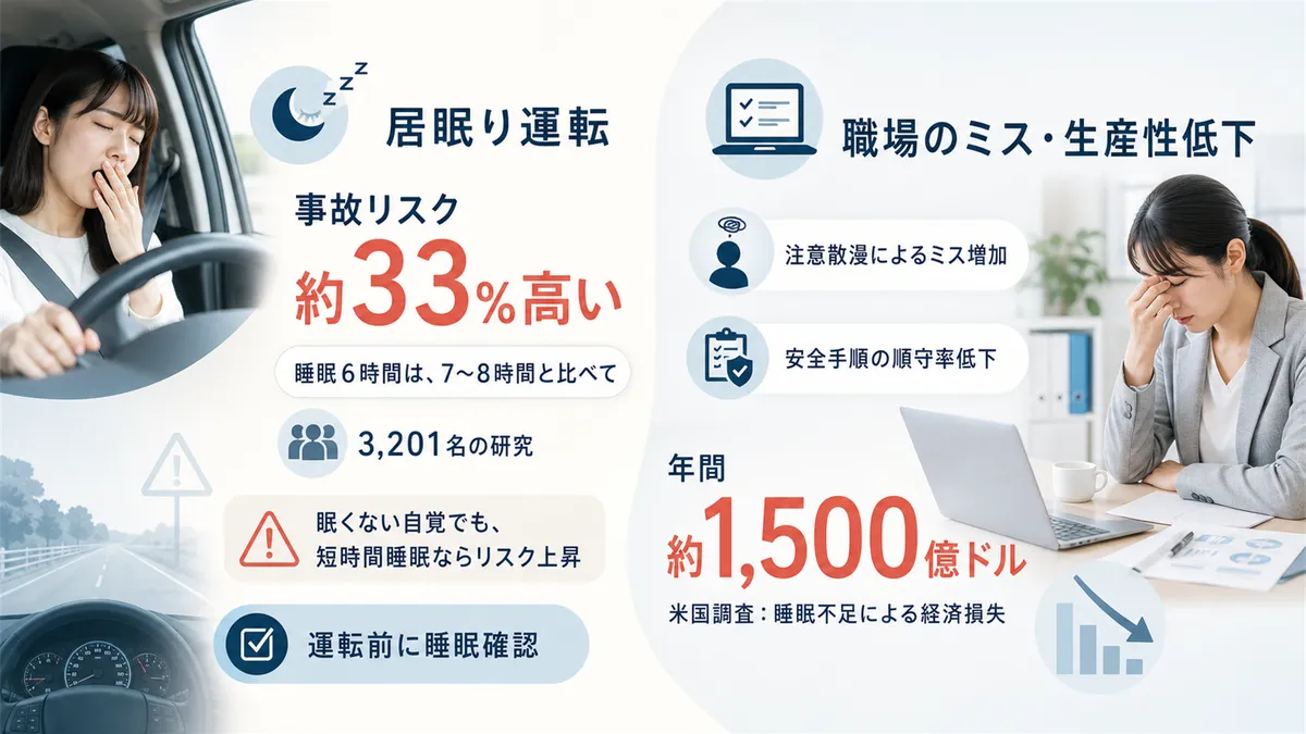 居眠り運転のリスクの高さと、職場のミスや生産性低下との関連を解説します。