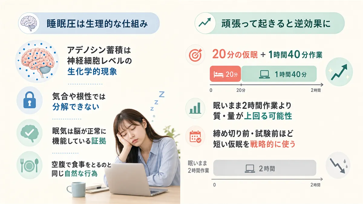 睡眠圧は意志力では抗えない生理的な仕組みであること、頑張って起きていることが逆効果になる場面を紹介します。