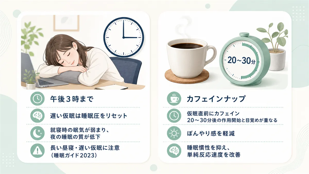 タイミングは午後3時までが鉄則であること、カフェインナップで目覚めをスッキリさせる方法を紹介します。