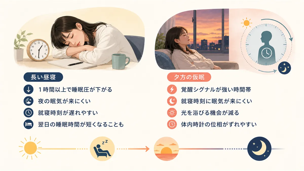 長い昼寝は夜の睡眠時間を削ってしまうこと、夕方の仮眠が体内時計を狂わせる仕組みを解説します。