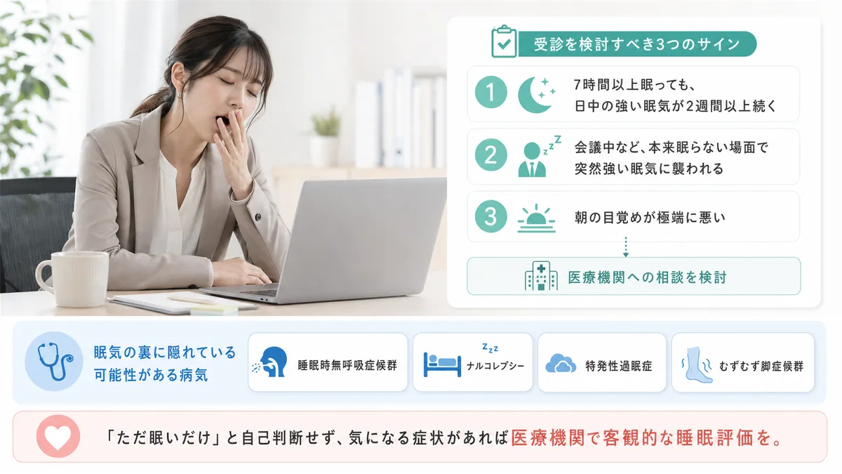受診を検討すべき3つのサインと、眠気の裏に隠れている可能性がある病気を紹介します。