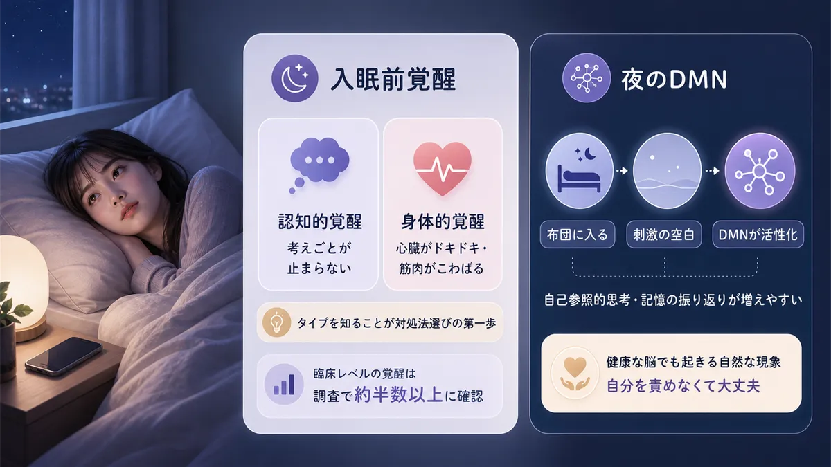 入眠前覚醒には頭のタイプと体のタイプがあること、脳のデフォルトモードネットワークが夜に活発になることを解説します。