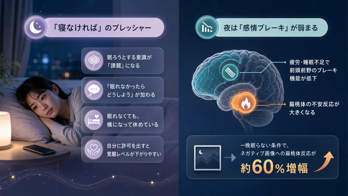 「寝なければ」というプレッシャーが不安を加速すること、夜は脳の「感情ブレーキ」が弱まる時間帯であることを解説します。