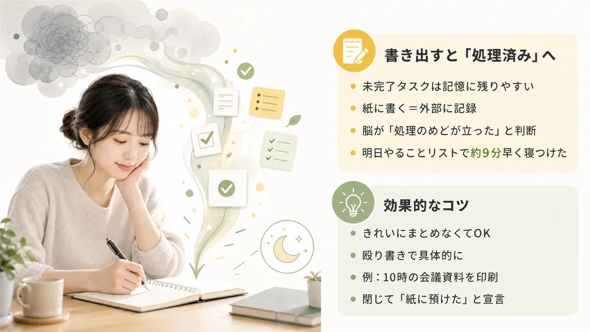 書き出すことで脳が処理済みと判断する仕組みと、効果的な書き出し方のコツを紹介します。