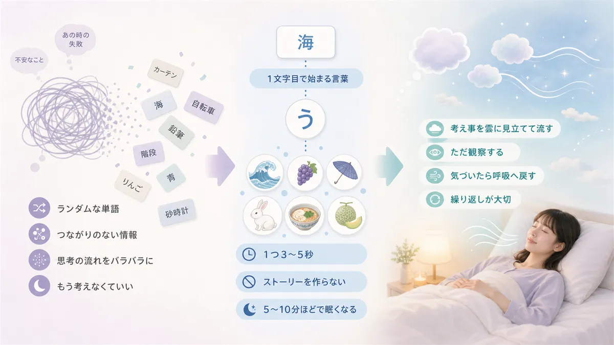 ランダムな単語で思考回路をリセットする方法、具体的なやり方、浮かんでくる考えを雲に見立てて流す方法を紹介します。