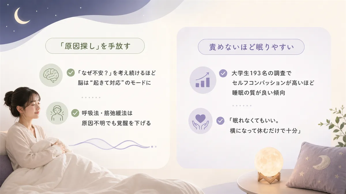 原因探しをやめたほうが楽になれること、自分を責めないことが眠りにつながることを解説します。