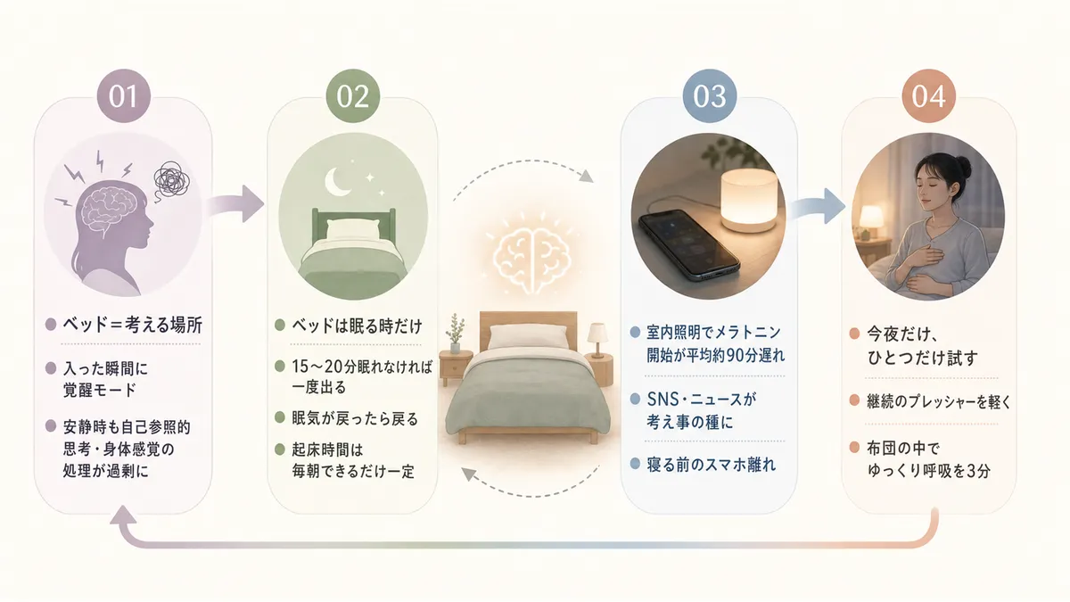 脳がベッドを考える場所と学習してしまう条件づけ覚醒、刺激制御法、スマホや照明が覚醒を助長する仕組み、今夜だけチャレンジの方法を紹介します。