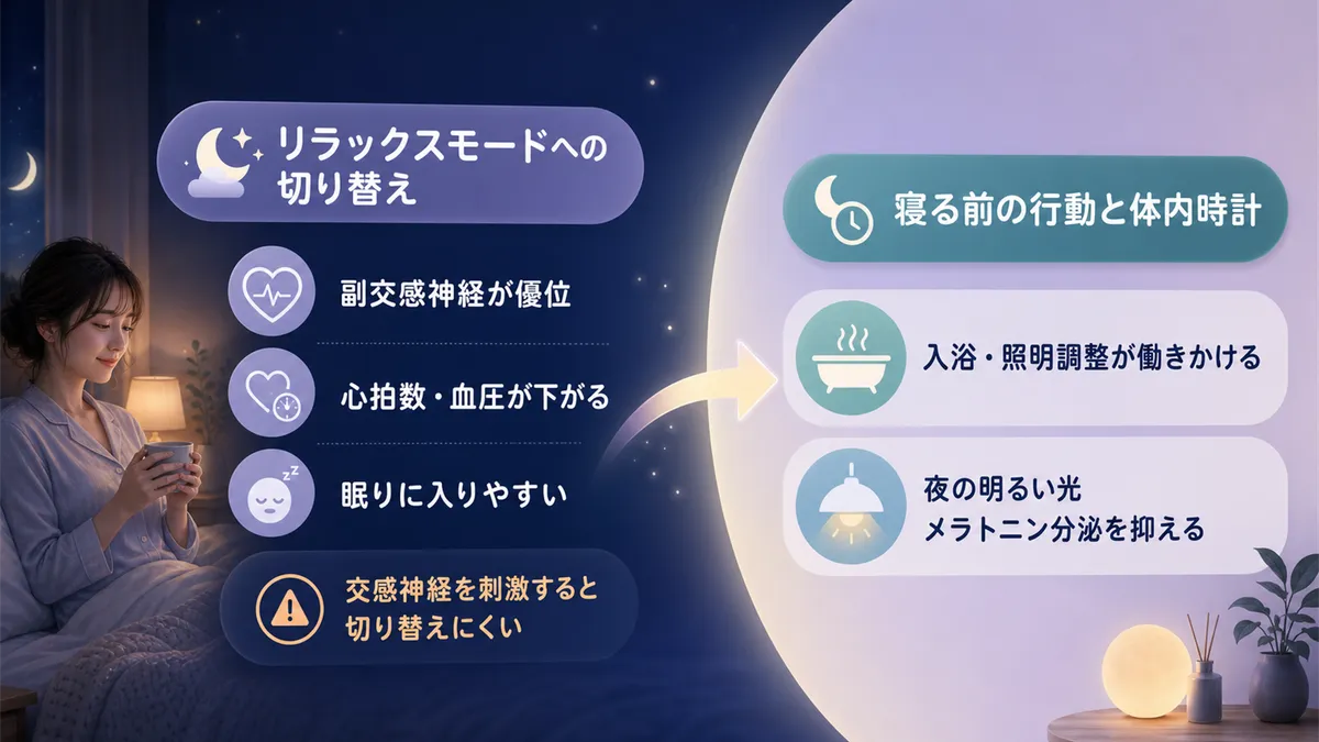 体のリラックスモードへの切り替えがカギであること、寝る前の行動が体内時計にも影響することを解説します。