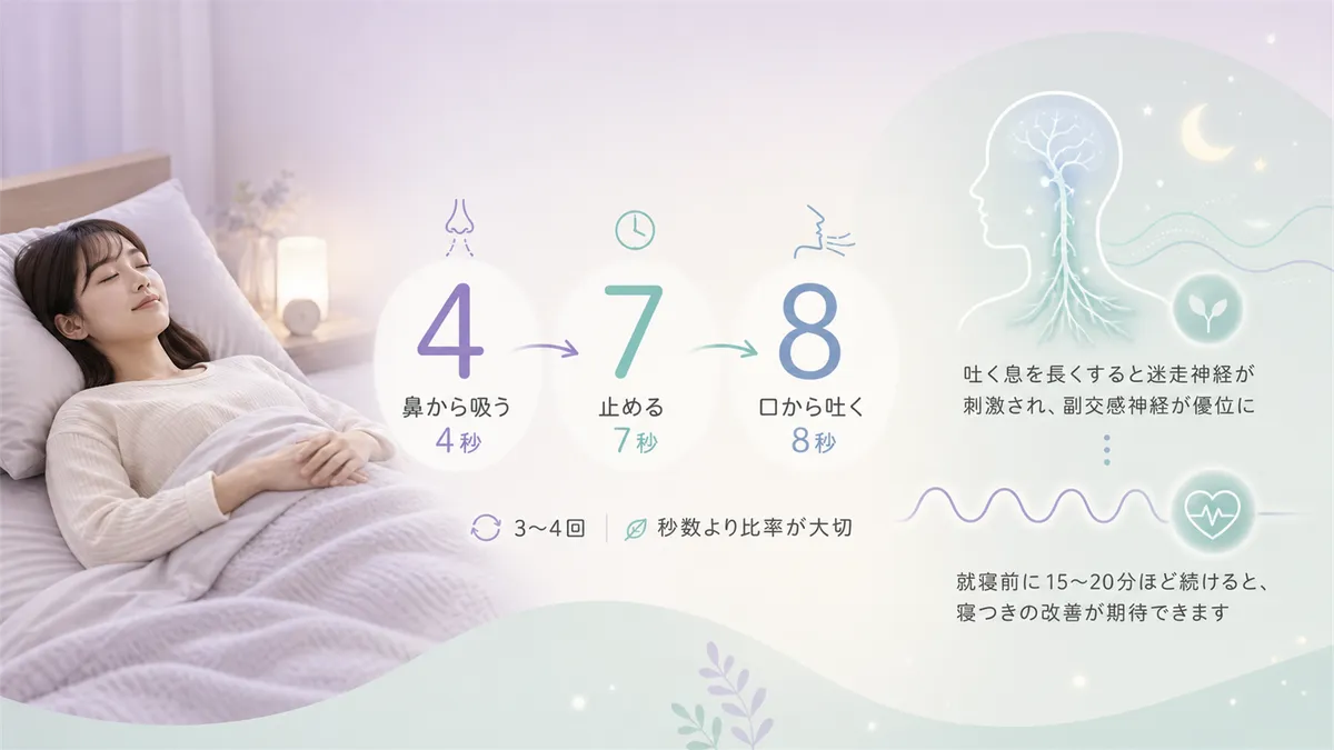 4-7-8呼吸法の具体的なやり方と、ゆっくり呼吸で体がリラックスモードに入るしくみを紹介します。