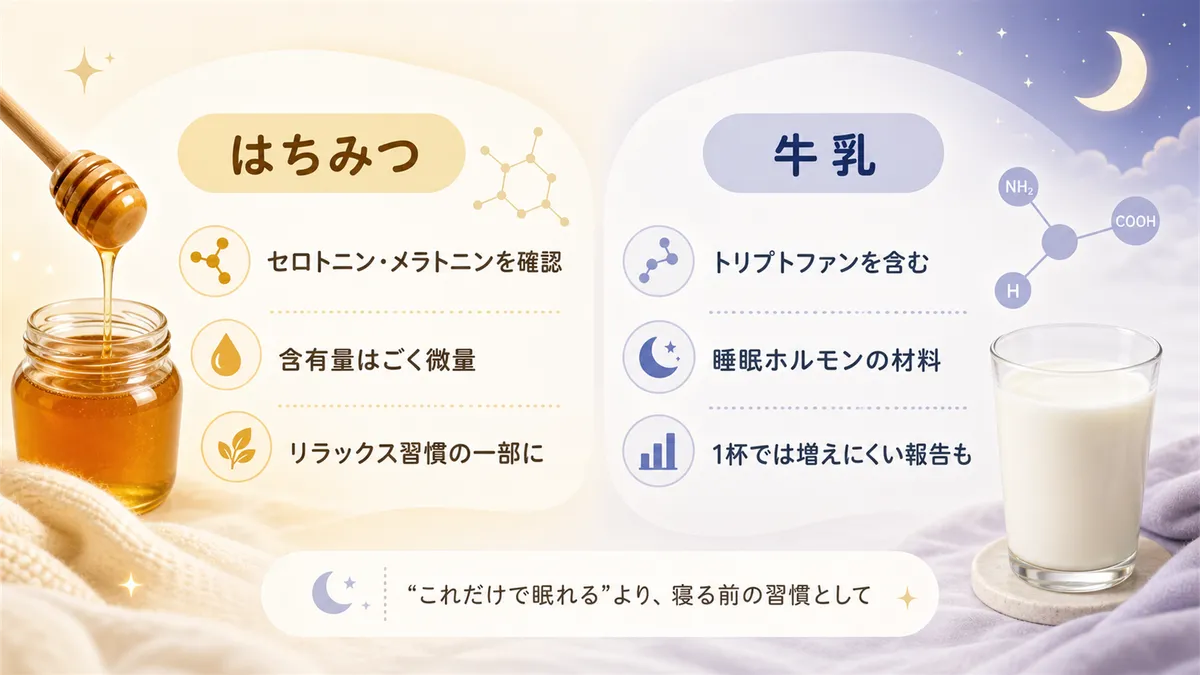 はちみつに含まれるセロトニンとメラトニンの関係と、牛乳のトリプトファン効果はどこまで本当かを解説します。