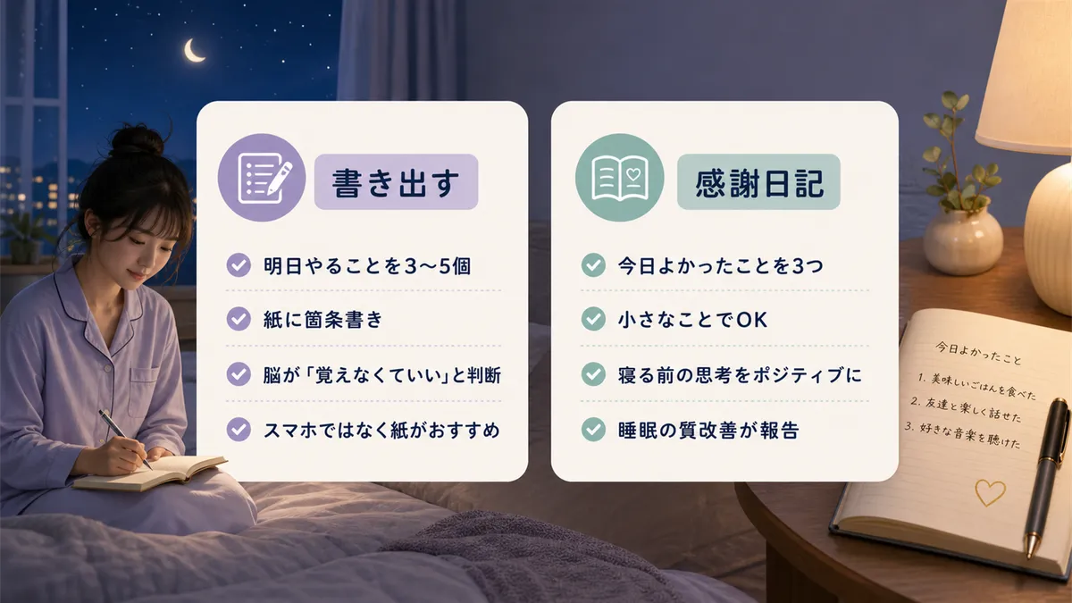 書き出すだけで頭のなかが整理されること、感謝日記が寝る前の思考をポジティブに変えることを紹介します。