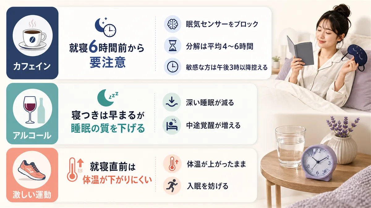 カフェインは就寝6時間前から要注意であること、アルコールと激しい運動が睡眠を壊すしくみを紹介します。