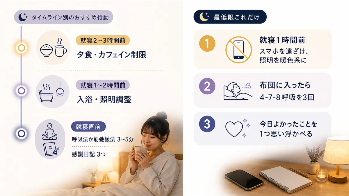 タイムライン別のおすすめ行動と、「最低限これだけ」の3ステップを紹介します。
