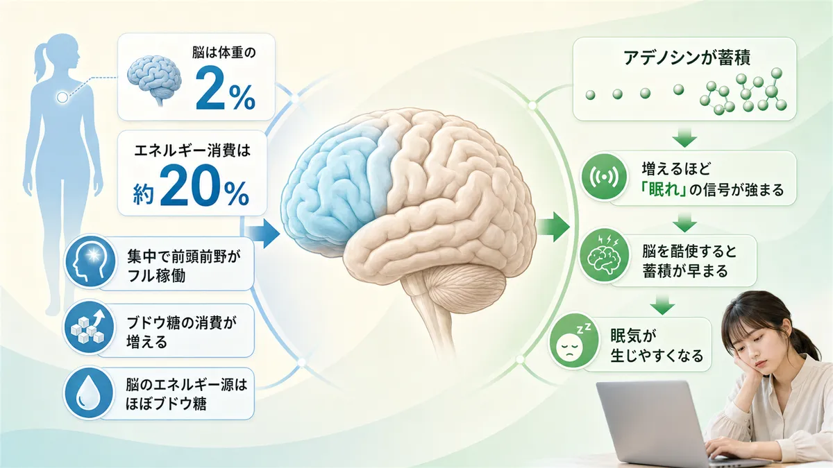 脳は体重のわずか2%なのにエネルギーの約20%を使っていること、集中で生まれるアデノシンが眠気の引き金になることを解説します。