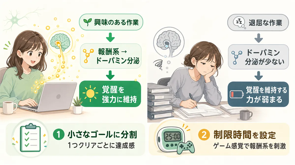 ドーパミンが覚醒を支えるメカニズムと、退屈な作業でもドーパミンを引き出すコツを紹介します。