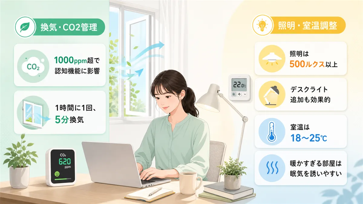 換気とCO2濃度の管理、照明と室温の調整で覚醒を維持する方法を紹介します。